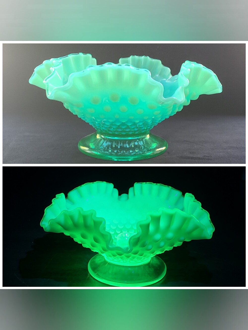 Uranium Fenton Emerald Hobnail Candle Bowl